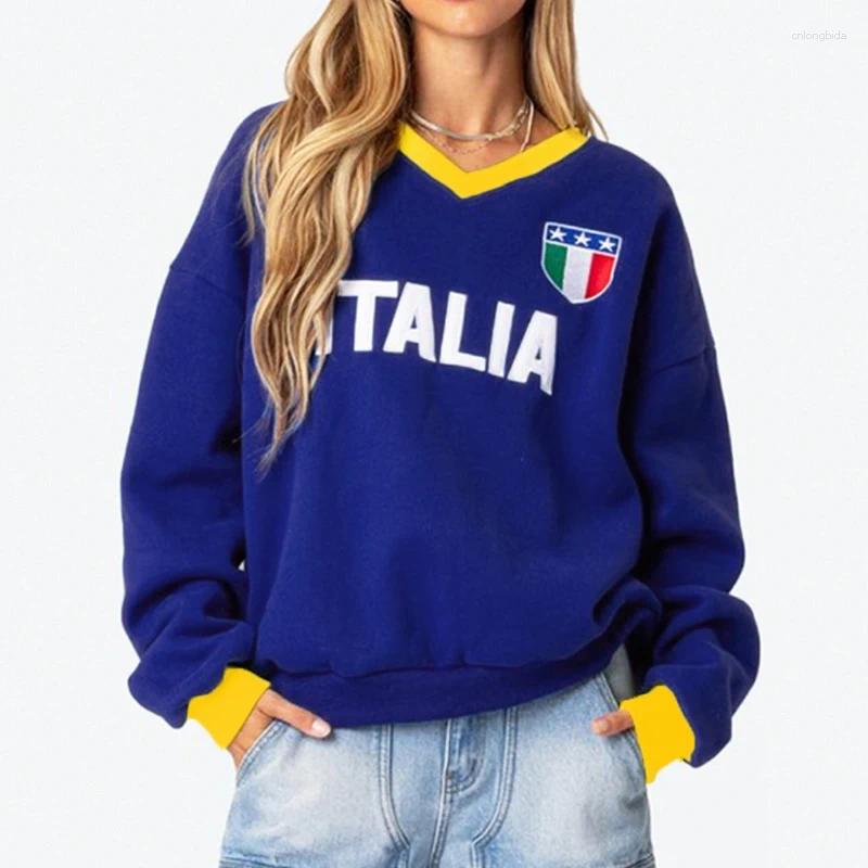 Women's Hoodies 2024 Italia Print Casual Retro Long Sleeve Blue Sweater Super Fire All-match Small Fresh Style Sweet Sweatshirt