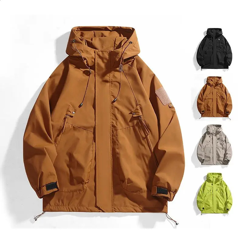 Mens hooded sweatshirt mens windproof jacket zipper multi pocket autumn cargo sweater womens hiking 240812
