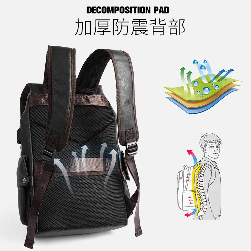 Leather Mens Backpack for College School Style Waterproof Comes with USB 156inch Large Capacity Leisure Day Bag Mochila 240813
