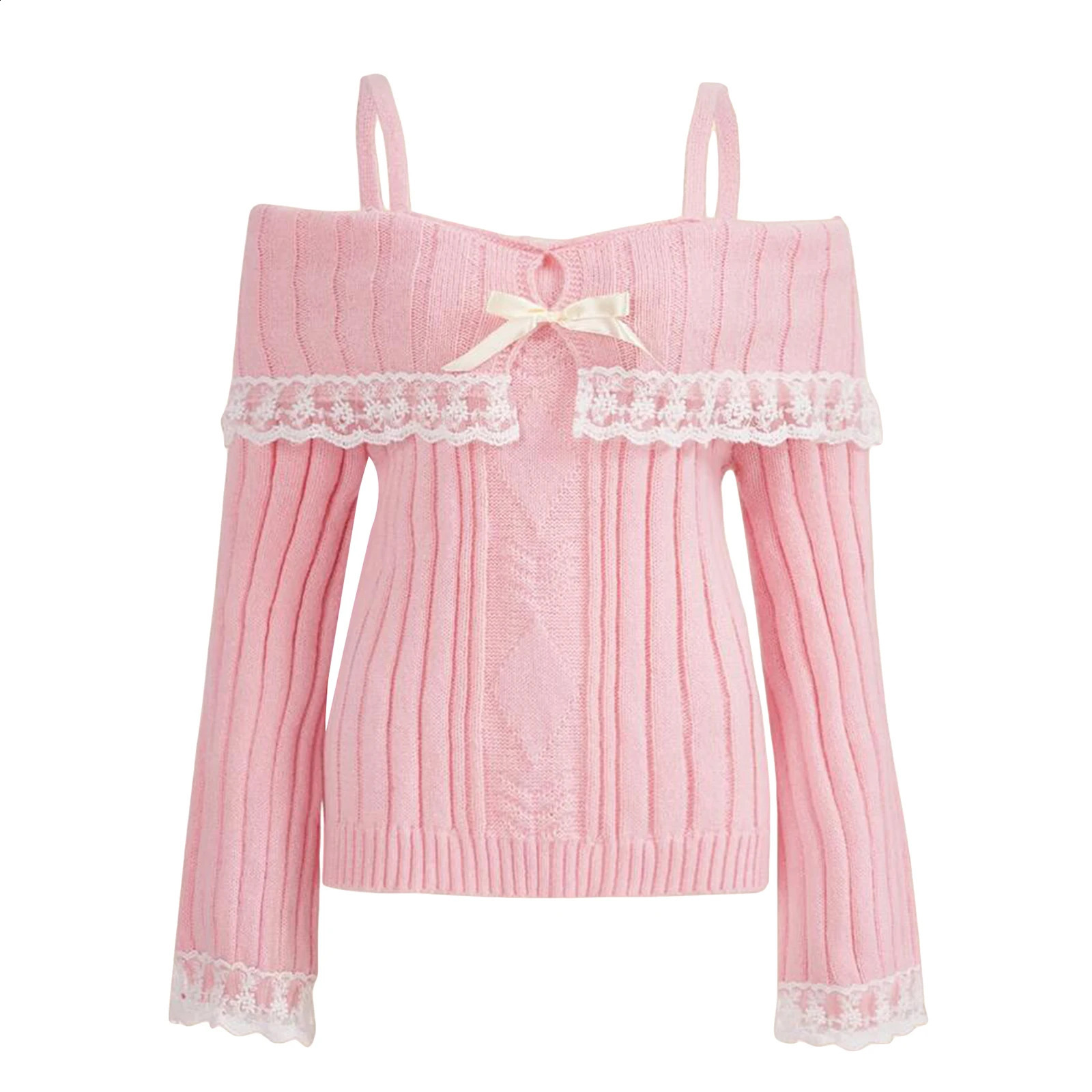 Women Off Shoulder Knit Sweater Solid Color Sweet Pullovers Long Sleeve Bow Lace Patchwork Cute Jumpers Club Streetwear Y2k 240813