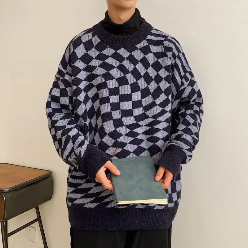 Cross border Autumn Winter Soft Supply Idle Style Loose Fit Bf Green Irregular Chessboard Knitted Top Sweater Jacket for Men 240812