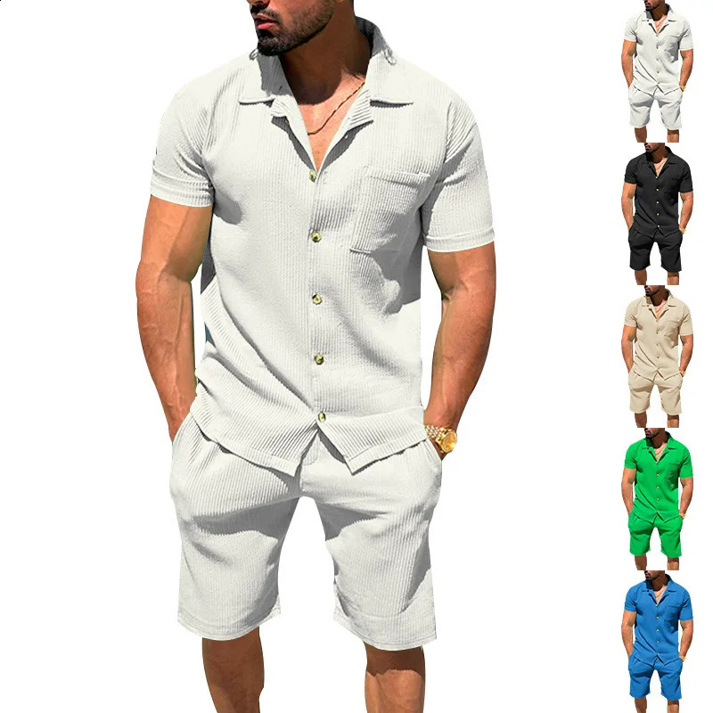 Mens Lapel Casual Cardigan Shorts 2 Pieses Sets Summer Fashion Solid Color Vertical Striped ShortSleeved 240812
