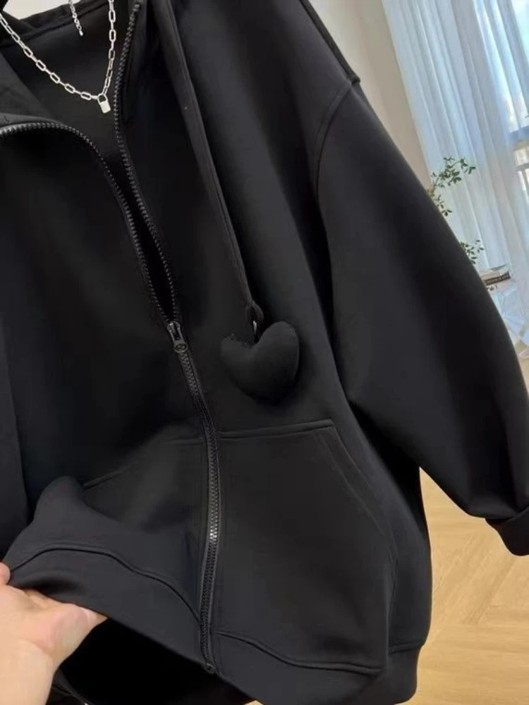3XL Hoodies Women Zip Up Oversize Ins Solid Color Simple Leisure Korean Style All-match Warm Coats Autumn Winter Prevalent BF 240812