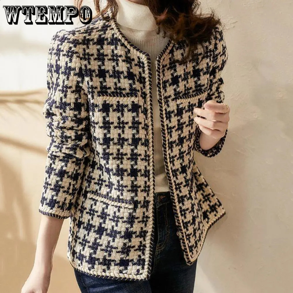 WTEMPO Vintage Early Autumn Tweed Women Jacket Elegant Grid Lady Winter Cardigan Open Front Plaid Outwear 240812