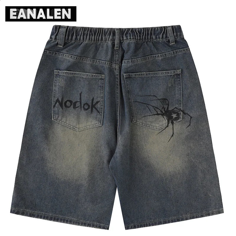 Harajuku retro graffiti spider pattern denim shorts mens oversized street rock punk campus sports basketball boyfriend 240812