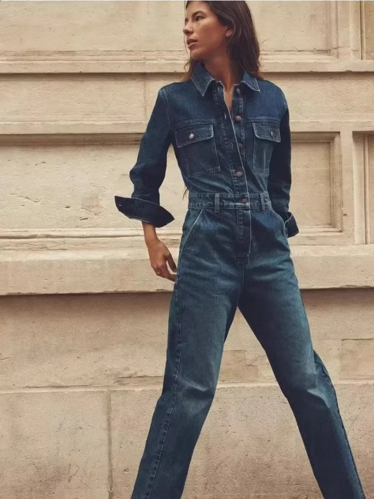 Womens Blue Lapel Long-Sleeved Jumpsuit with Stylish Front Pocket Embellishment Straight Leg Long Denim Jumpsuit 240813
