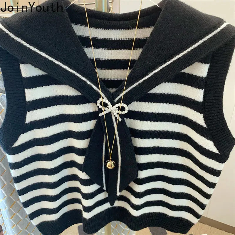 Sweet Korean Sweater Vest Women Chic Sailor Collar Sleeve Striped Tops Preppy Style Bow Sleeveless Knitted Cachemira Mujer 240812