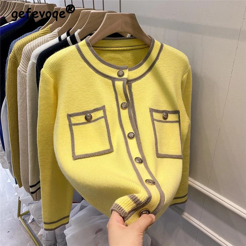 Korean Elegant Chic Contrast Color Long Sleeve Pocket Button Knitted Cardigan for Women Spring Autumn Loose Female Sweater Coats 240813
