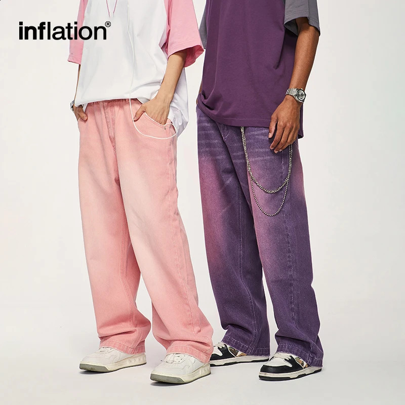 INFLATION Pink Wide Leg Jeans Unisex High Street Washed Denim Pants Mens Baggy Trousers Plus Size 240812