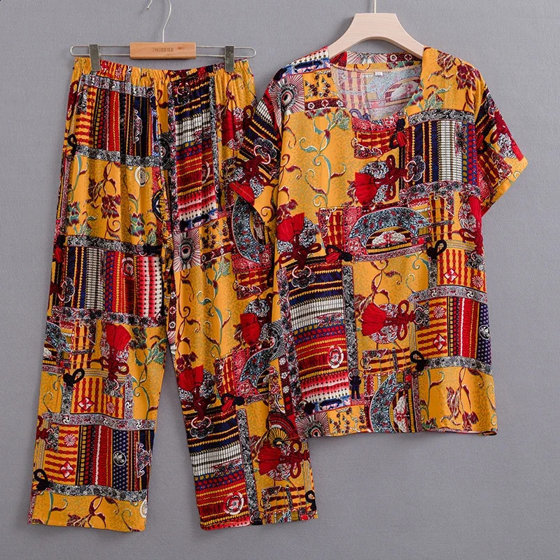 Summer Two Piece Set for Women Clothing Casual Print Oversize Trouser Sets Summer Middle Aged Womens Top and Pants 240813