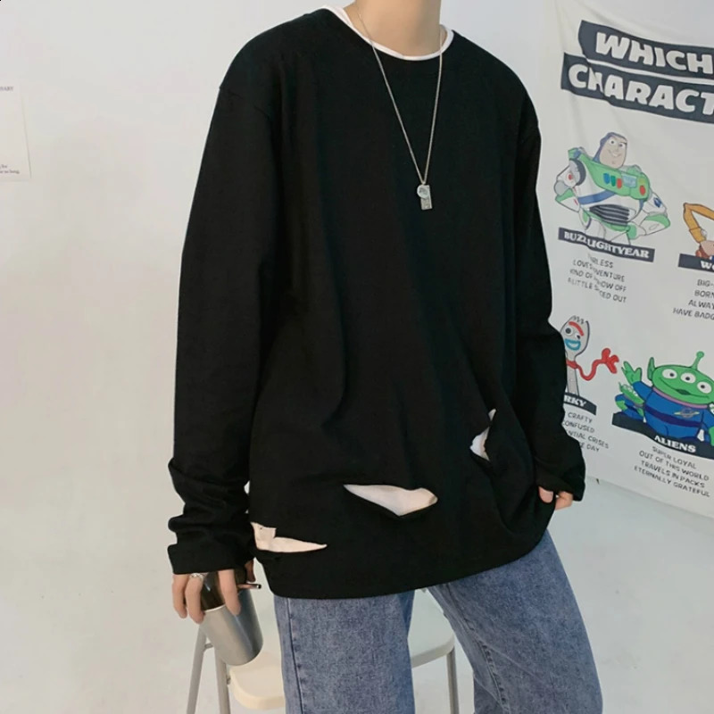 Men Long Sleeve T-shirts Holes Ripped Chic Solid Vintage Leisure Plus Size 3XL Ins Tees Fashion Korean Style All-match Harajuku 240812