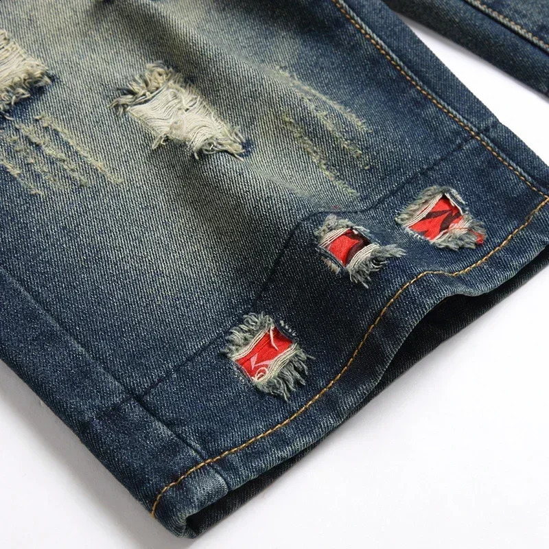 summer vintage washed mens denim shorts casual and fashionable streetwear tear hole patch Distressed straight jeans 240812