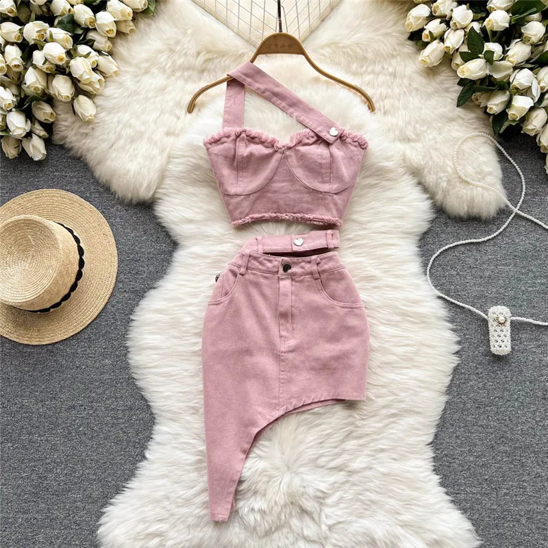 Amolapha Womens Summer Sexy 2-piece Sets Sleeveless Strapless Denim TopsHigh Waist Irregularity Jeans Skirts Suits 240812