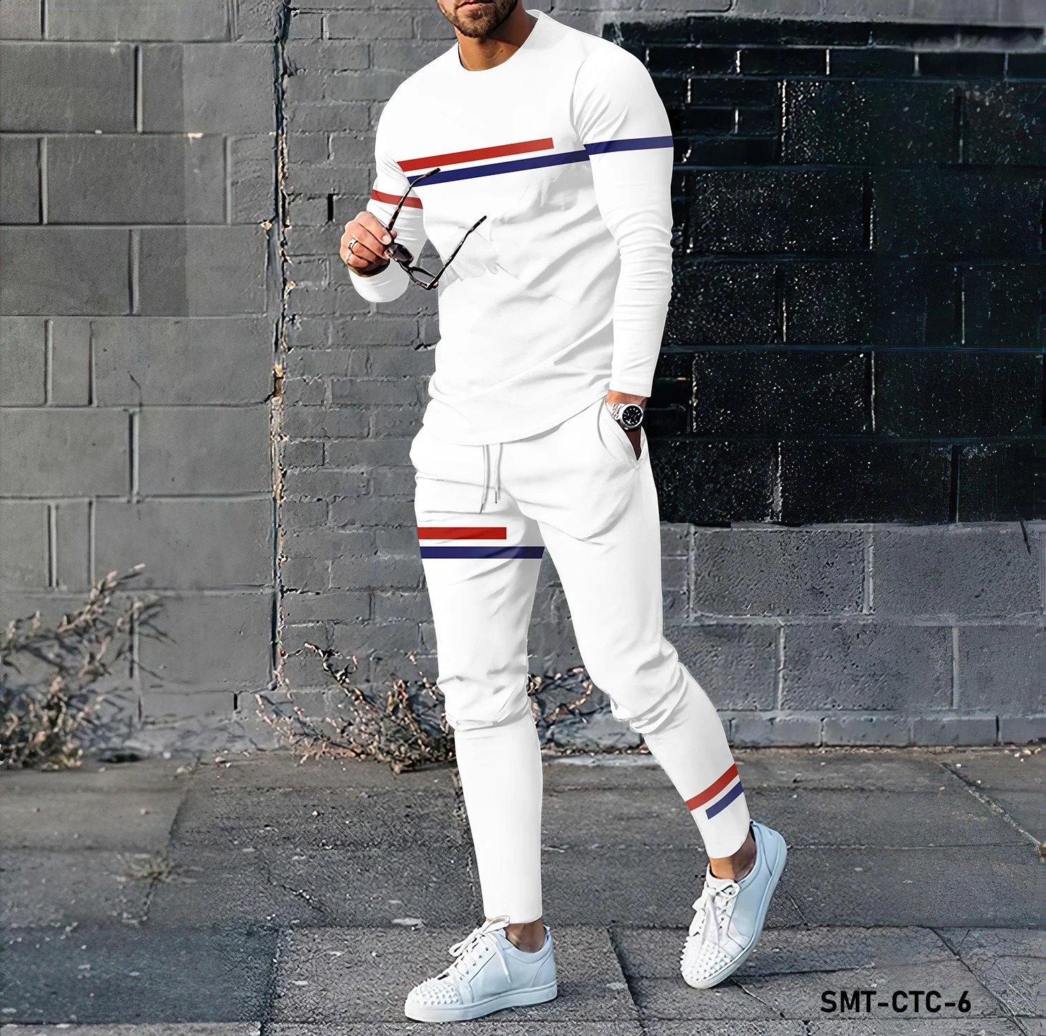 Stripe pattern 3D printing mens long sleeved T-shirt and pants set fashion clothing sportswear two-piece set 240813