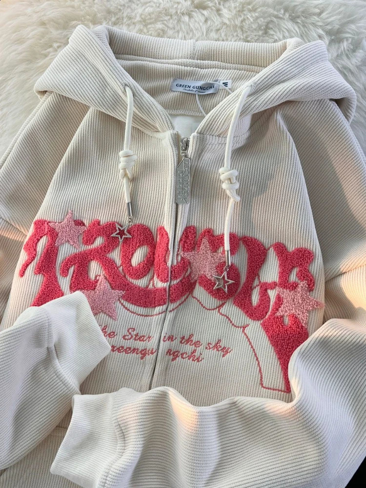 Deeptown Vintage Y2K Zip Up Hoodies Women Harajuku Letter Sweatshirts Hippie Gothic Streetwear Loose Casual Patchwork Top Coats 240812