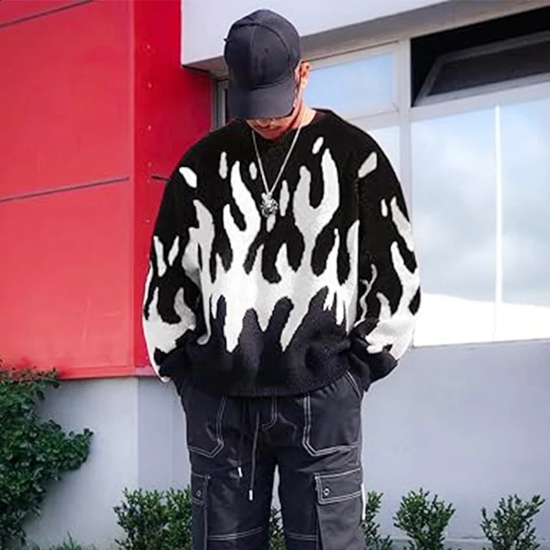 Mens oversized knitted sweater hiphop humorous letter printing jumper Harajuku casual loose fit Oneck floral unisex streetwear 240812