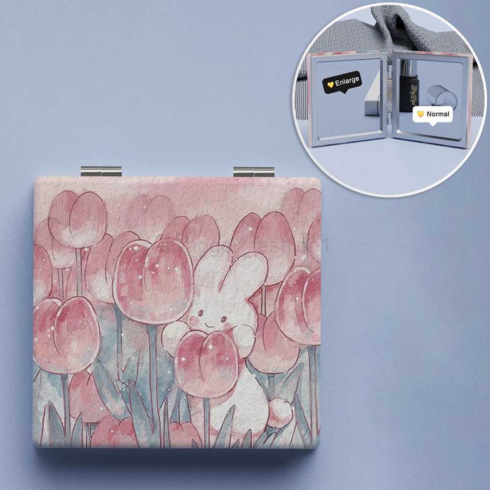 1Pc Tulip Bunny Cute Compact Mirror Makeup Mirror Square Folding Double-Sided Make Up Mirror Pocket Portable Compact For GirlsXJ240813