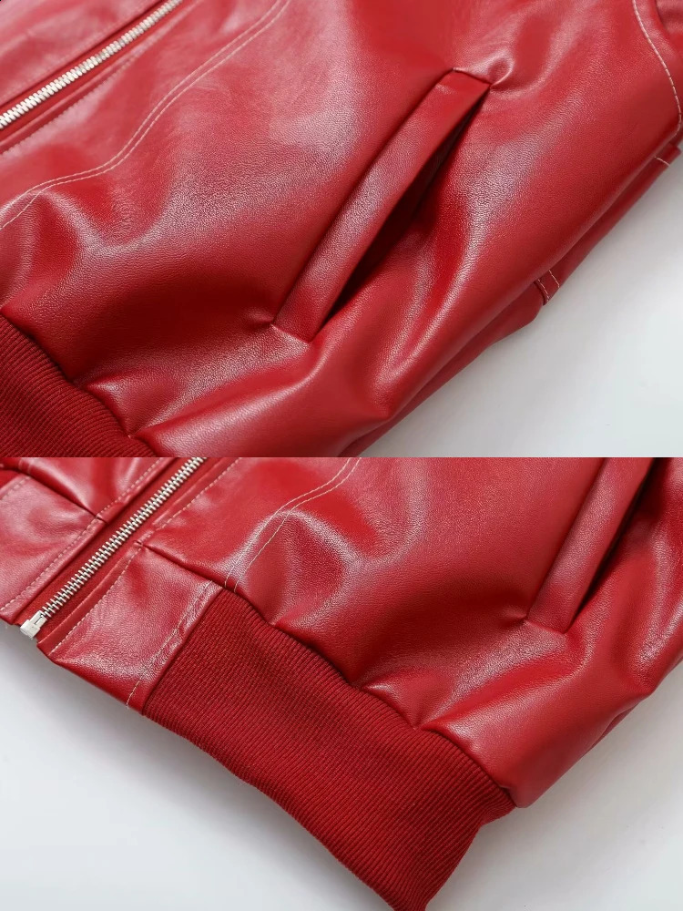Womens Fashion Splicing Oversized Artificial Leather Bomber Jacket Flip Collar Long Sleeve Retro PU Autumn 240808