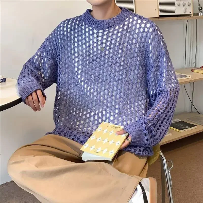 Hollow fishing net top thick thread knitted sweater suitable for mens womens fashionable Korean style toplevel casual jacket 240812