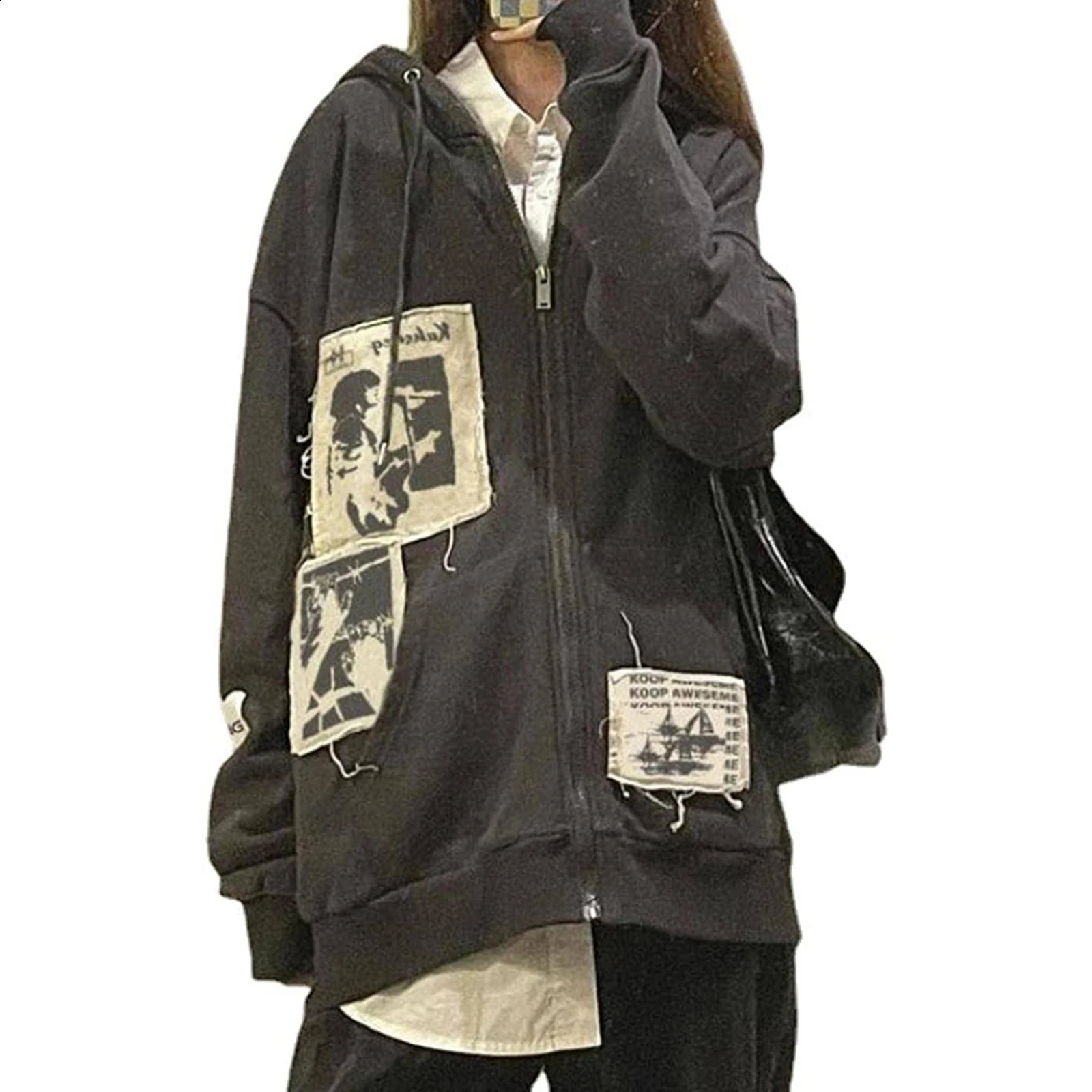 Womens Y2K Zip Up Hoodie Vintage Graphic Oversized Aesthetic Sweatshirt Long Sleeve E-Girl 2000s Streetwear Jacket Y2k 240812