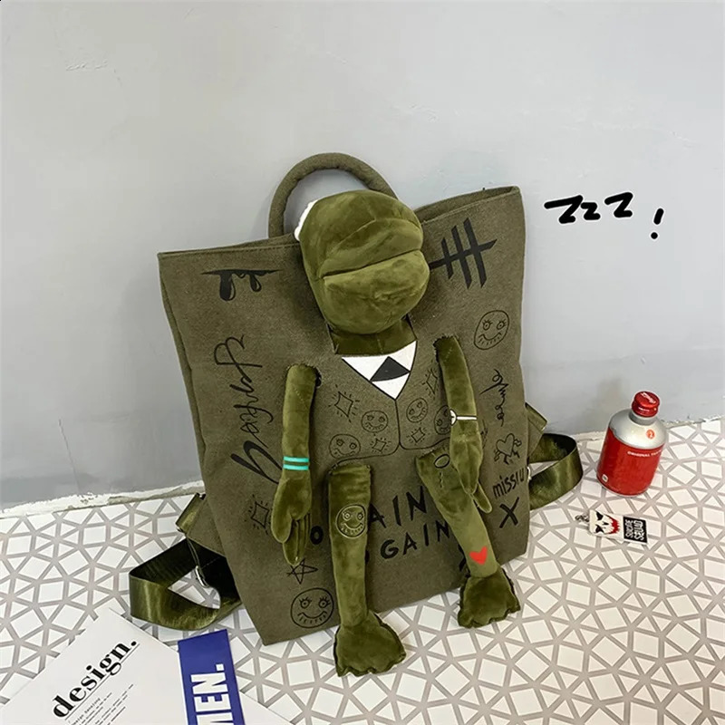 Mens Womens Graffiti Plush Frog Monster Zipper Large Capacity School Backpack Travel Adjustable Outdoor 240813