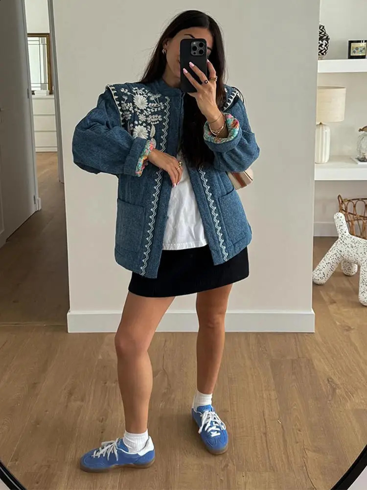 Womens Warm Printed Blue Pocket Cotton Jacket Fashion Round Neck Long Sleeve Casual Clothing 240808