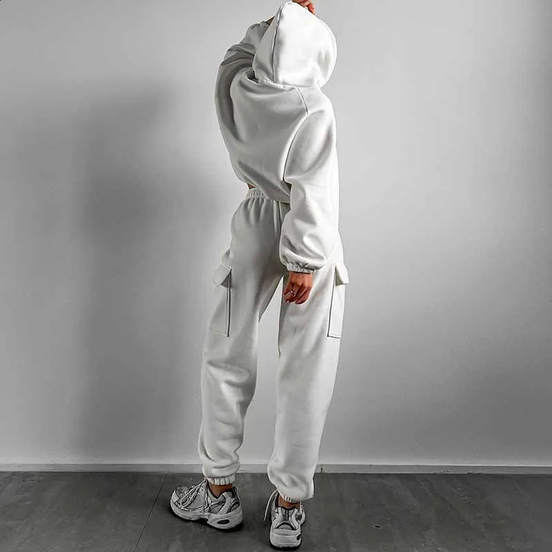 Autumn and Winter 2piece Womens Track Field Wear Wool Long Sleeve Warm Hoodie Jogging Pants Casual Set Solid Sports 240809