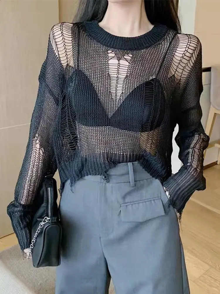 Hollow Out Hole Broken Sweater Women Destroyed Ripped Sweater Pullover Gothic Streetwear Punk Long Sleeve Tops 240812