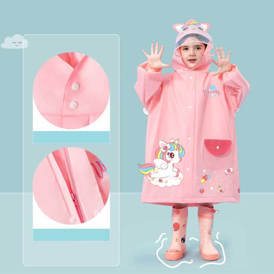 A boy girl casual cute unicorn print waterproof hooded raincoat long sleeve zipper hooded poncho childrens raincoat outdoor Y240810