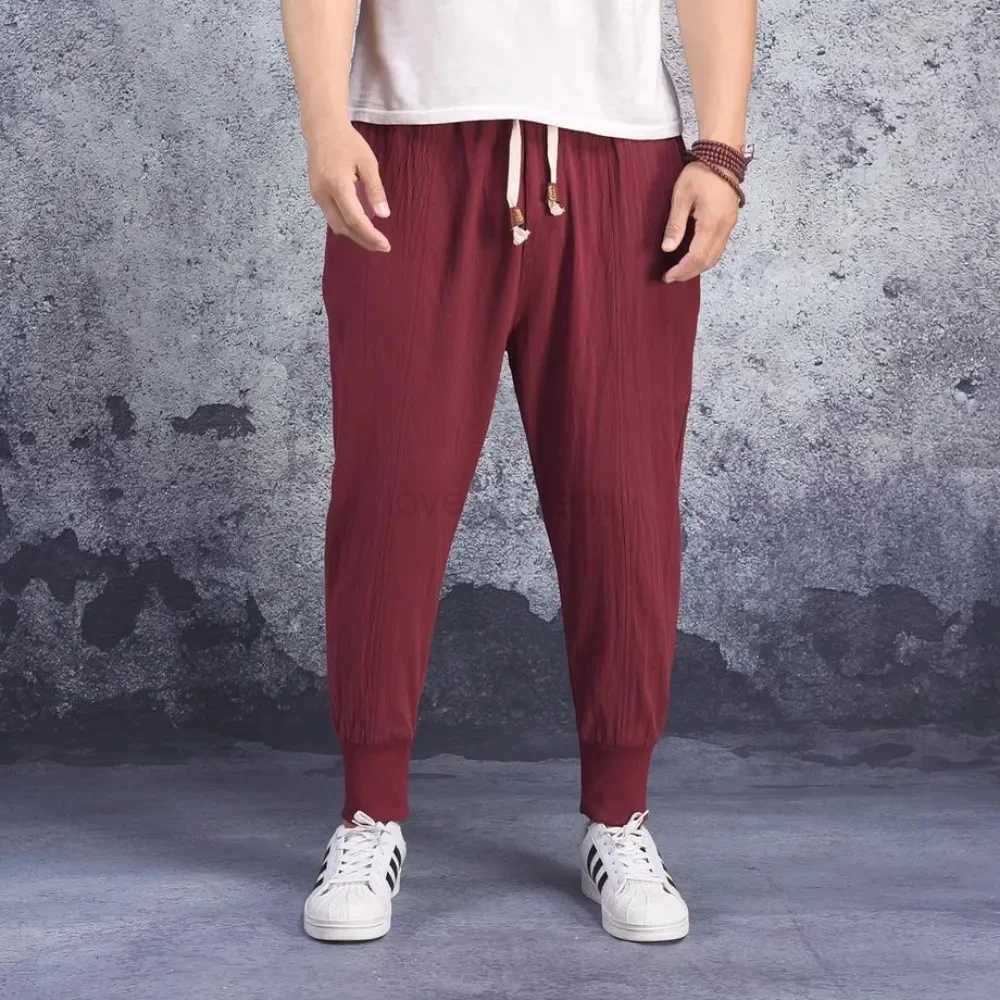 Cotton Linen Harem Pants Men Solid Elastic Waist Streetwear Joggers 2022 New Baggy Drop-crotch Pants Casual Trousers MenXJ240813