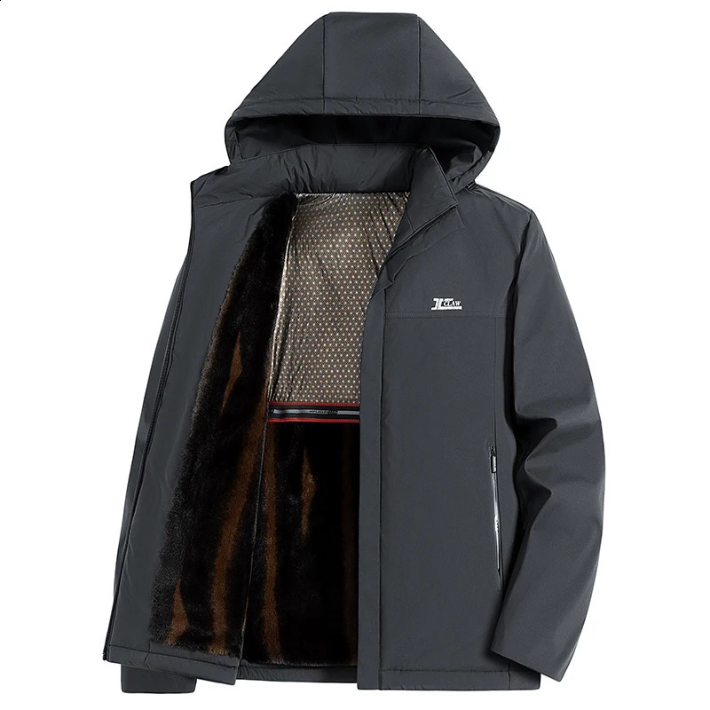 Winter mens plush thick solid color hooded long sleeved jacket fashionable and casual loose casua 240812