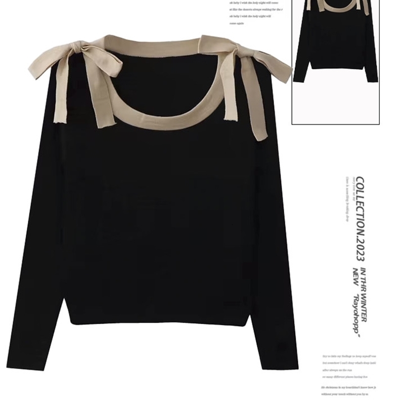 Women Black Gothic Pullover Knitted Sweater Harajuku Aesthetic Y2k Long Sleeves Bow Sweaters Fashion Vintage 2000s Clothes 240812