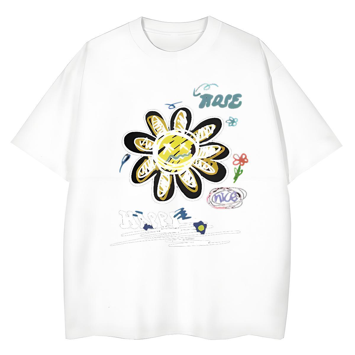 Loose Tshirts Anime Printing Street 230g Pure Cotton Oversized 3XL 4XL O-Neck Short Sleeve flower T Shirts Men Wholesale Clothings