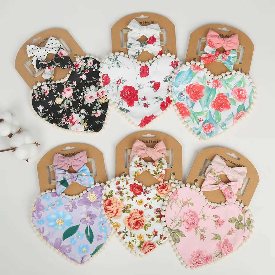 Bibs Burp Cloths 3Pcs/Set Valentines Day Baby Heart Bibs Feeding Bow Headbands Double Side Flower Saliva Towel Kids Photography Props BandanasL4812