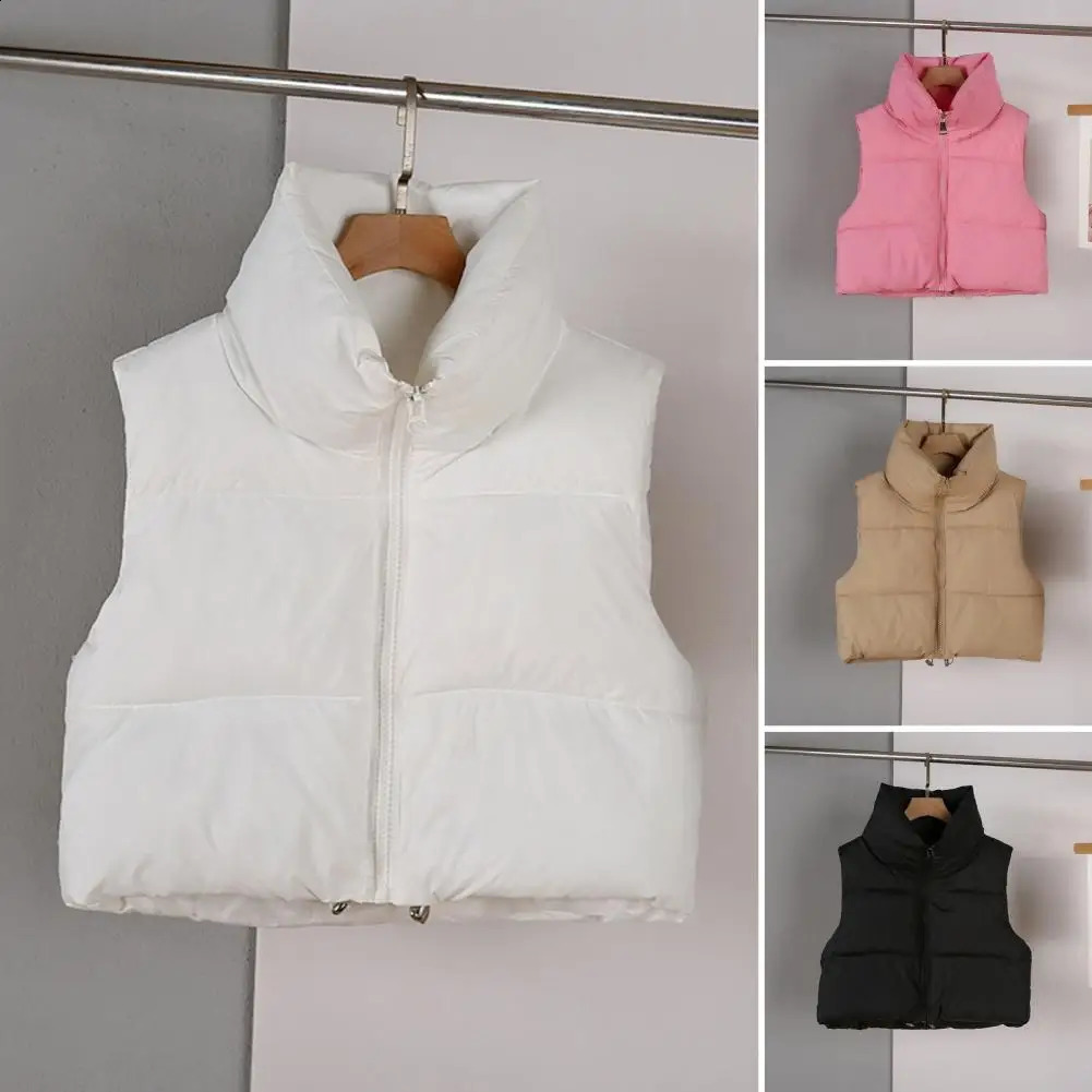 Winter Women Vest Coat Stand Collar Neck Protection Thickened Padded Zipper Closure Cardigan Sleeveless Solid Color Drawstring L 240813