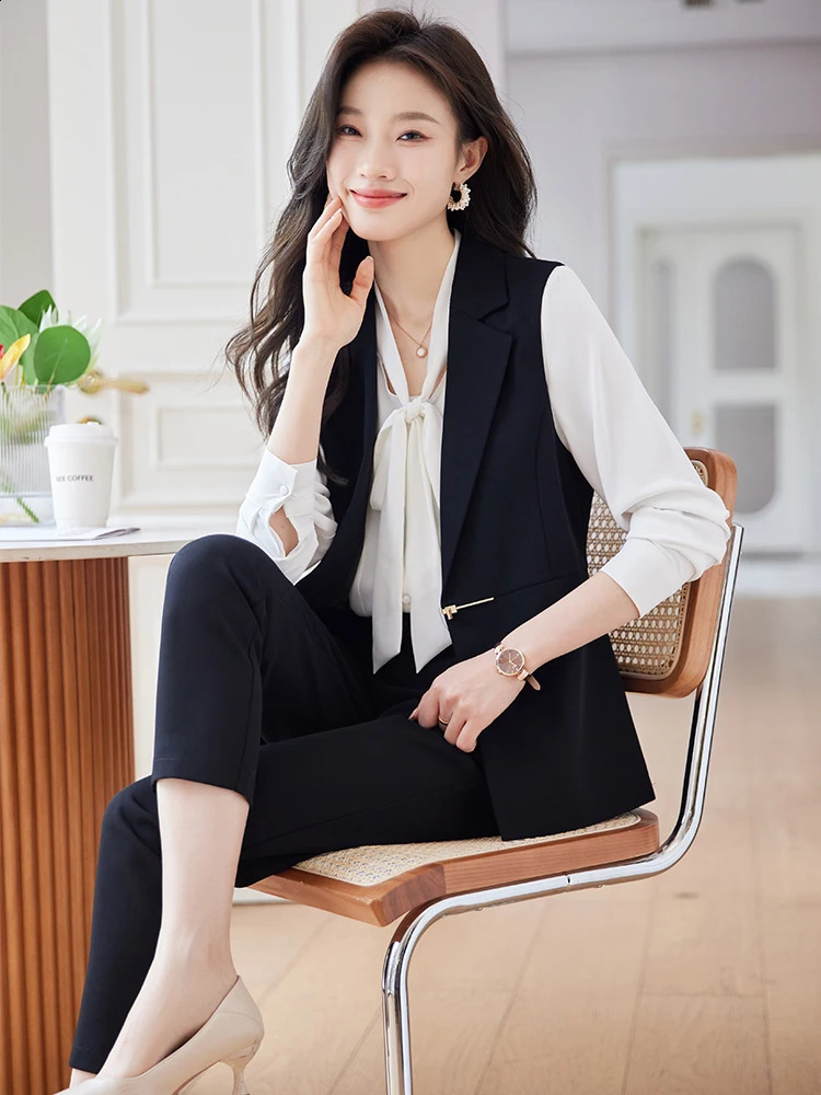Black coffee almond vest and pants set womens sleeveless jacket Trouser twopiece office business workwear 240812