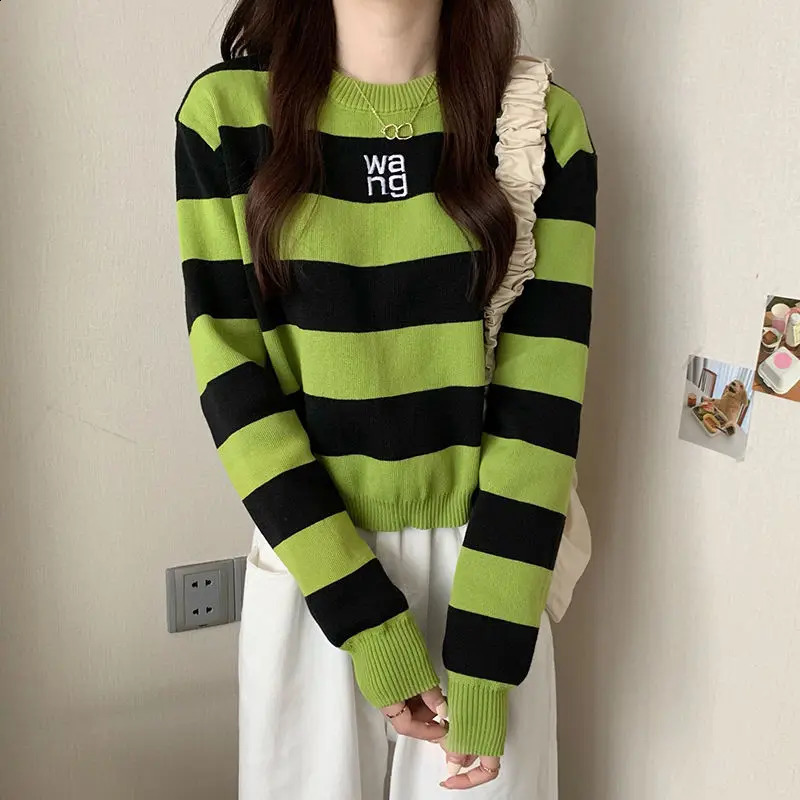 Preppy Style Autumn Winter Sweaters Womens Round Neck Striped Letter Contrast Color Fashion Loose Long Sleeve Knitted Tops 240812