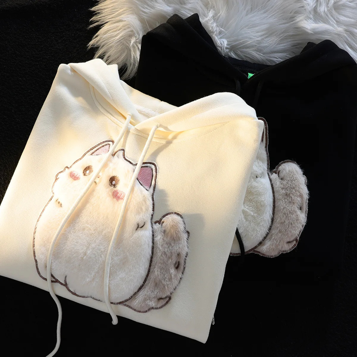 Spring Autumn Female Couples Clothes Cartoon Embroidery Lovely 3D Cat Print Pullover Hoodies Women Sweatshirt Hooded Coat 250106