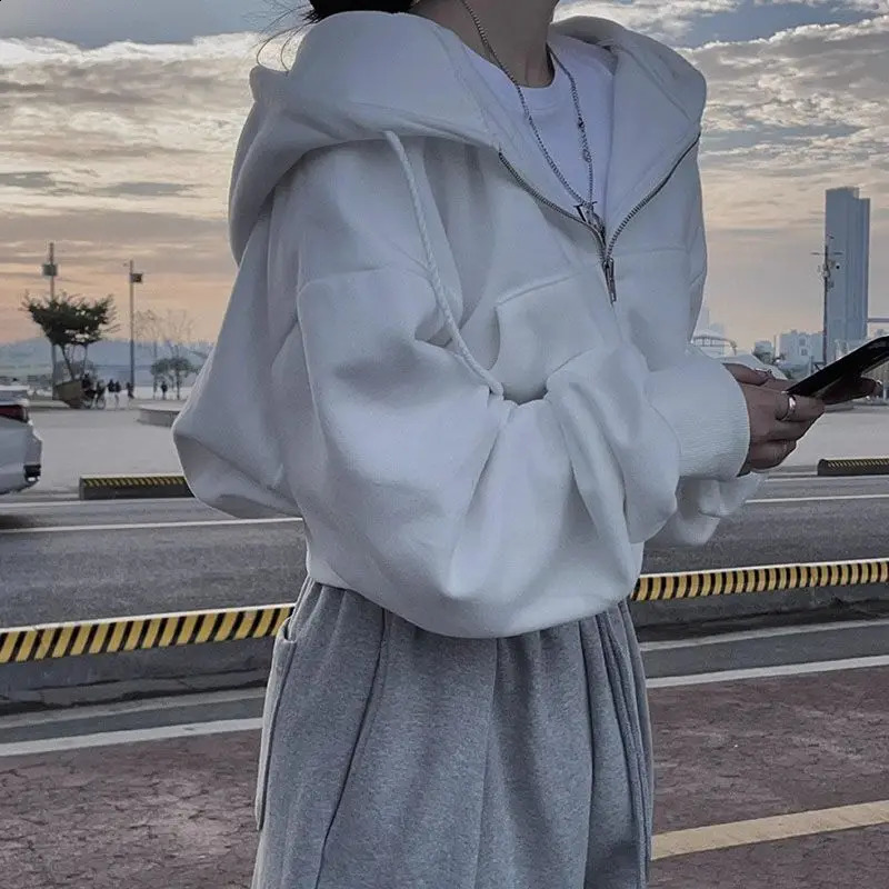 QWEEK Korean Fashion Autumn Cropped Hoodie Women Short Warm Zipper Jacket Retro Hooded Zip-up Oversize Sweatshirt Casual Female 240812