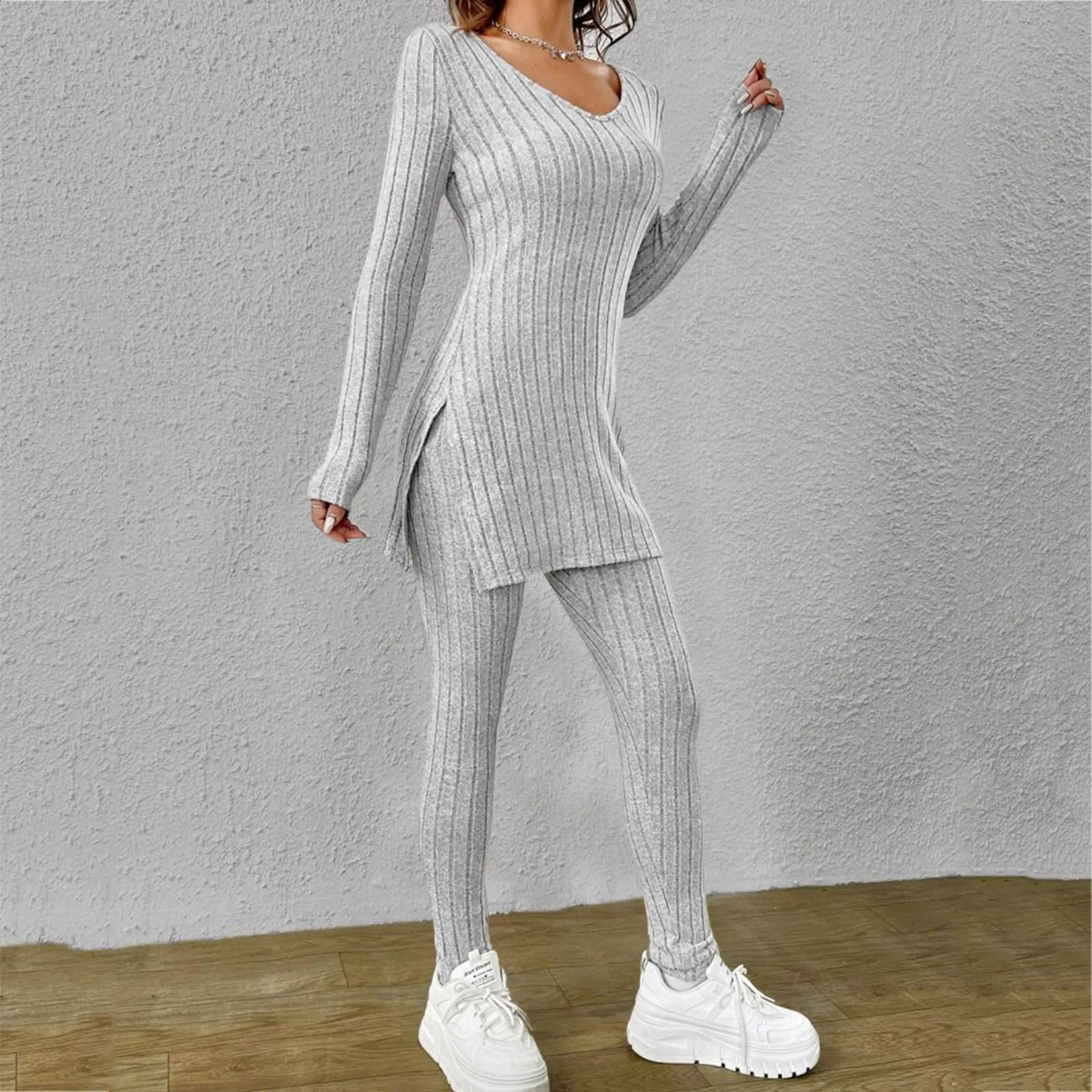 Spring Fashion Knit Suits 2024 Casual Loose PulloverElastic Long Pants Print Knitted Solid Color Two Pieces Sets Clothing 240813