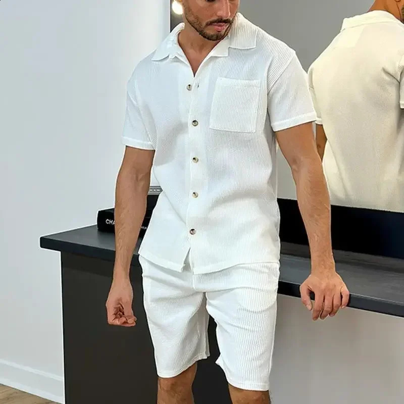 2024 Summer Turn-down Collar Casual Loose Mens Sets Solid Soft Single Breasted Button Shirts Shorts Suit Mens Two-piece Suits 240813