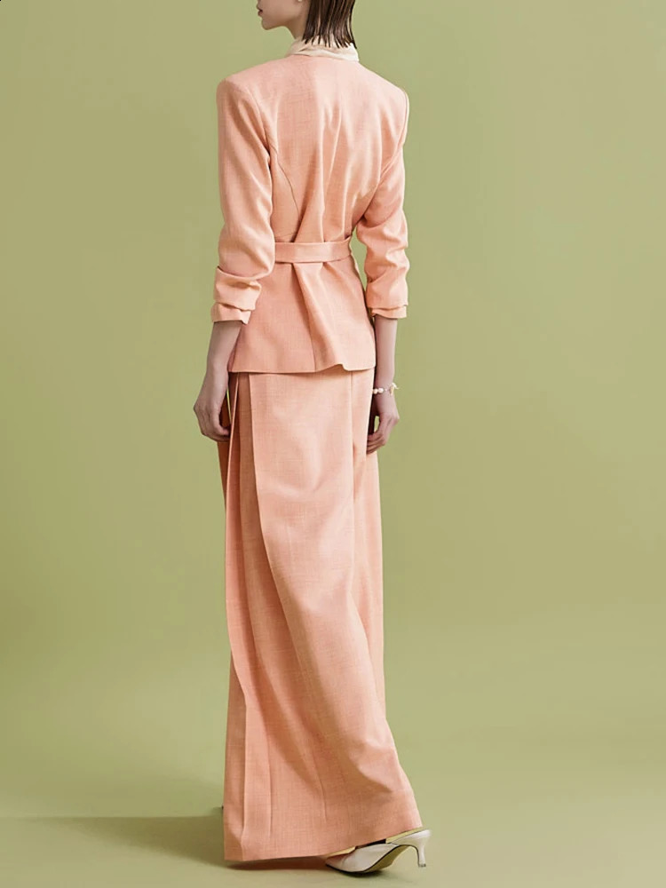 Elegant womens Vneck lace suit gathered waist pioneers high loose pants autumn item 26D9378 240812