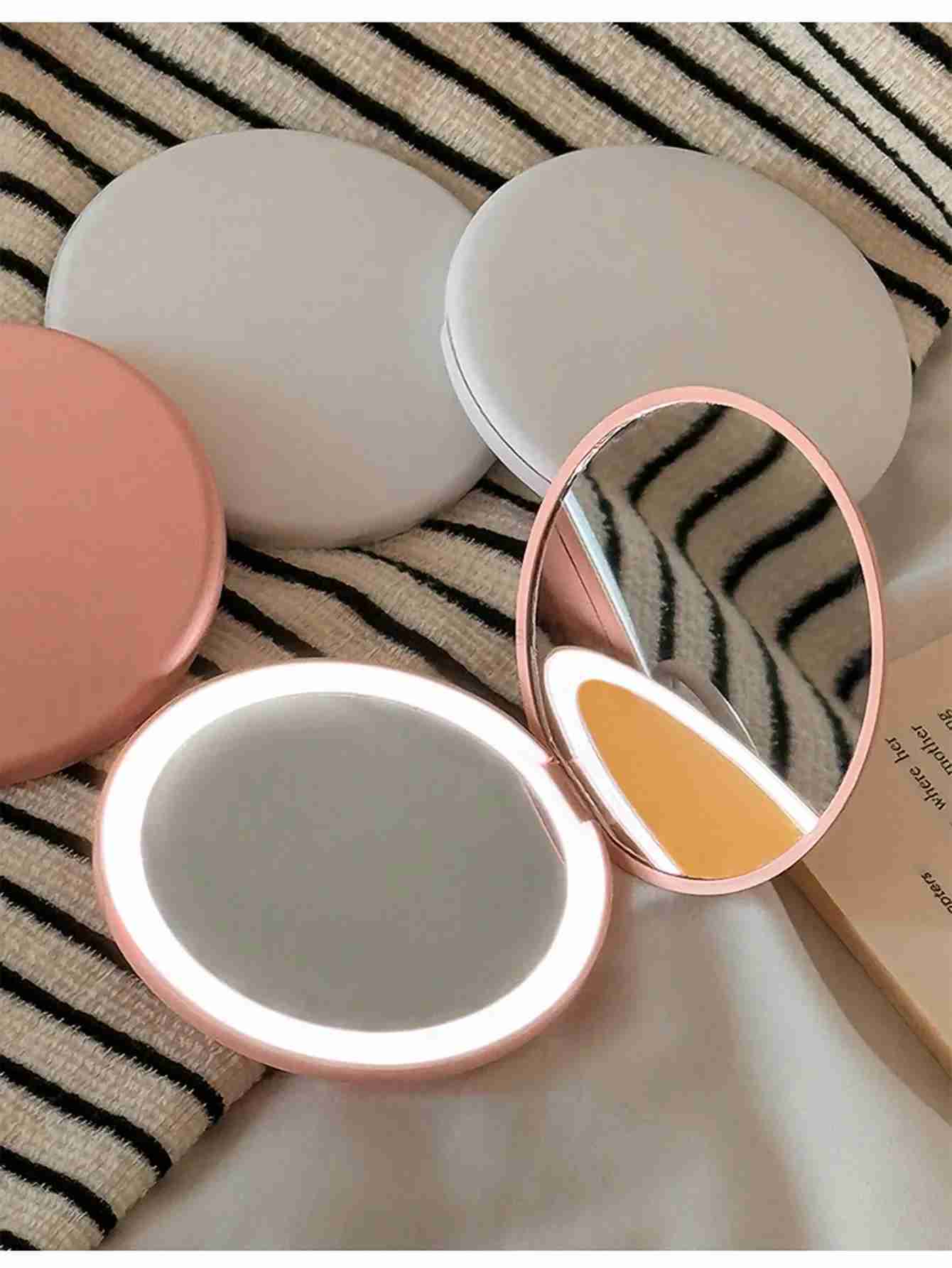 LED Foldable Makeup Mirror Women Mini Mirror Small Pocket Mirror Pink And White Luminous EffectXJ240813