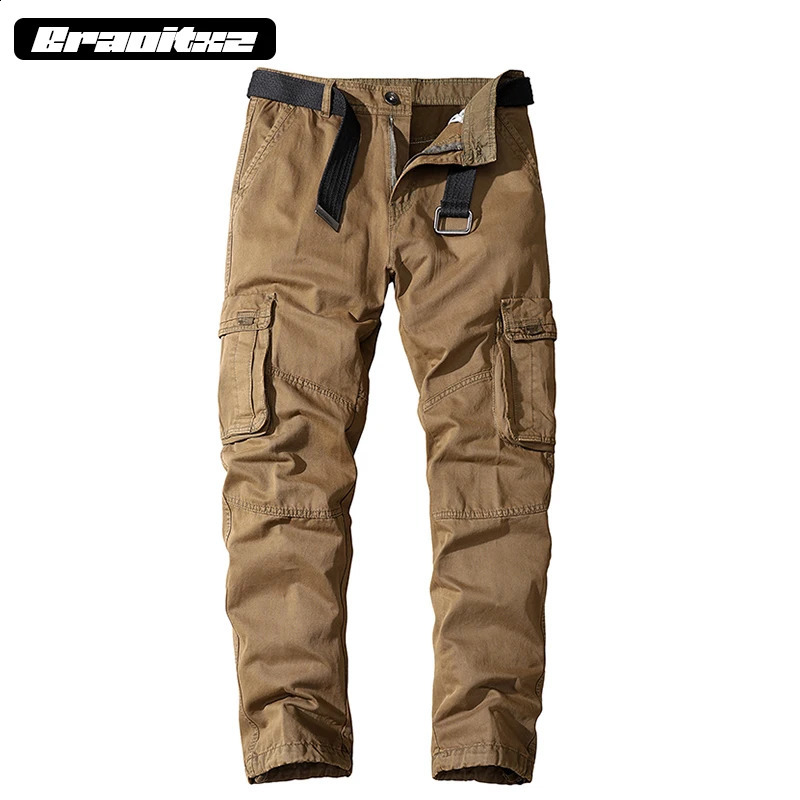 Mens 100% pure cotton fashionable casual sports mountain climbing breathable cargo pants mens straight leg multi pocket 240812