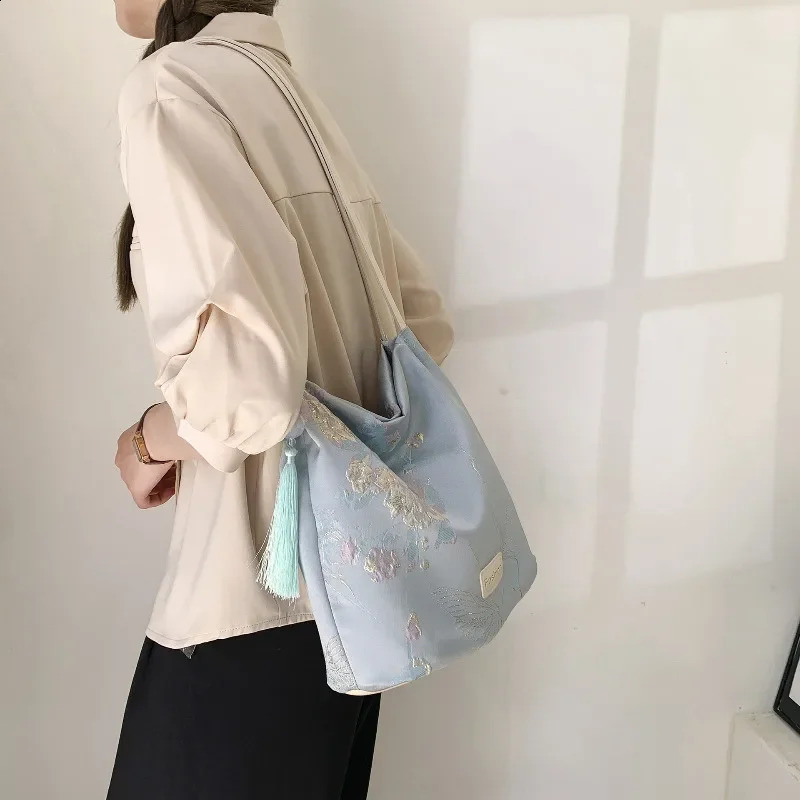 Chinese style floral embroidery bucket handbag for women Han Fu paired with butterfly PU strap satin shoulder bag 240813