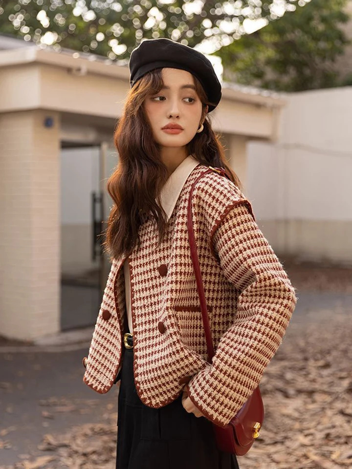 Zoki Vintage Plaid Tweed Jacket Women French Elegant O Neck Coat Casual All Match Streetwear Retro Female Long Sleeve Outwear 240812