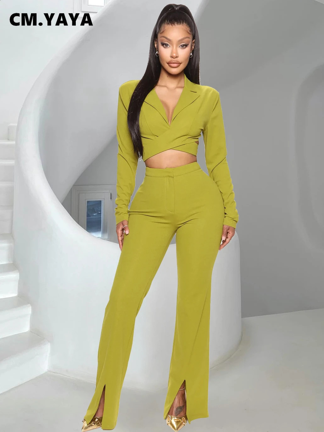 CMYAYA Elegant Womens Set Office Wrap Collar Pioneer and Shining Pants Street Track Field Two Piece 240812