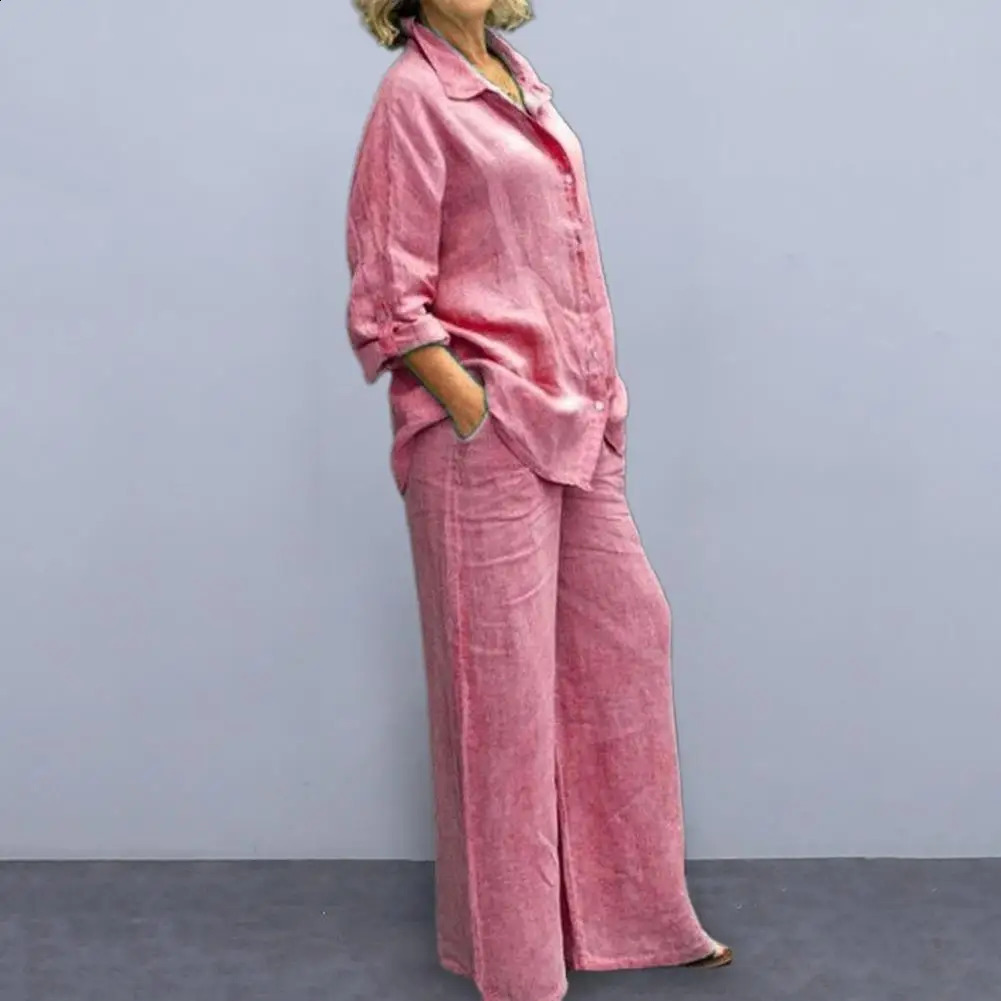 Women Cotton Linen Suits Elegant Solid Long Sleeve Shirt Wide Leg Trousers Two Piece Set Female Casual Straight Pants Suits 240813