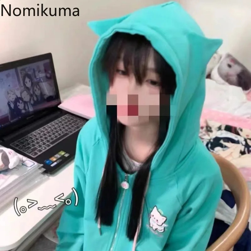 Embroidery Cat Anime Hoodie Women Long Sleeve Hooded Zipper Japanese Y2k Coat Ropa Mujer Casual Oversized Sweatshirts Tops 240812