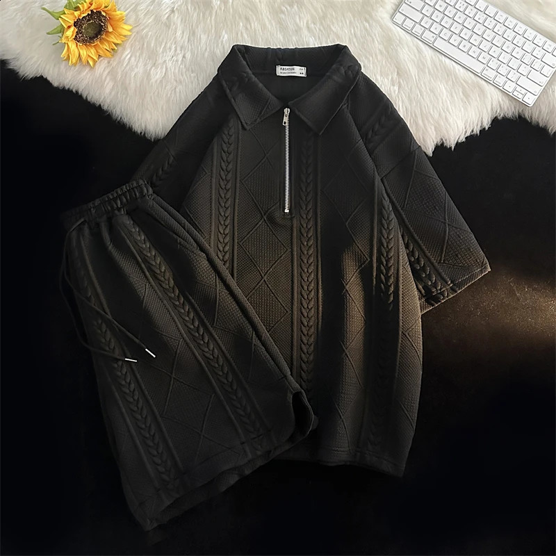 Two Piece Sets Men Baggy Shorts Lapel T-shirts Summer Minimalist Sporty Fashion M-3XL Korean Stylish Casual Teens Handsome Chic 240813